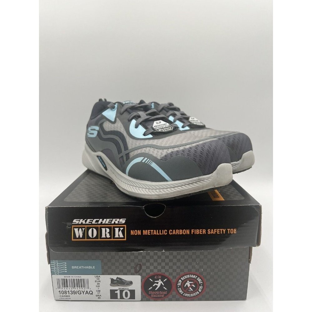 Skechers Work Carbix Women's 10B Gray/Aqua Comp Toe Slip-Resistant EUC